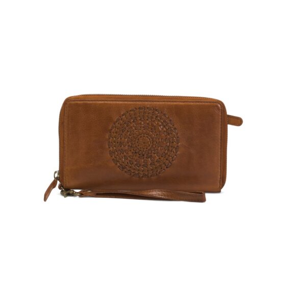 VILENCA Cognac Leather Round Stitched Detail Zip Wallet - Picture 1 of 2